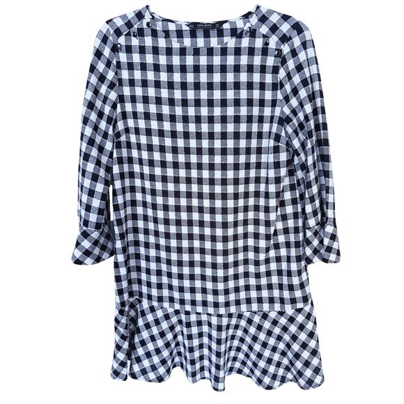 ZARA Basics Gingham Bell Sleeve Mini Dress Black White Checkered Medium Fall Fit - Picture 1 of 7